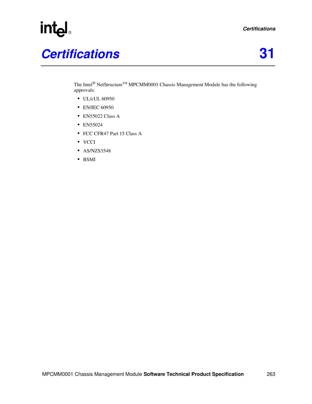 Intel MPCMM0001 manual Certifications31 