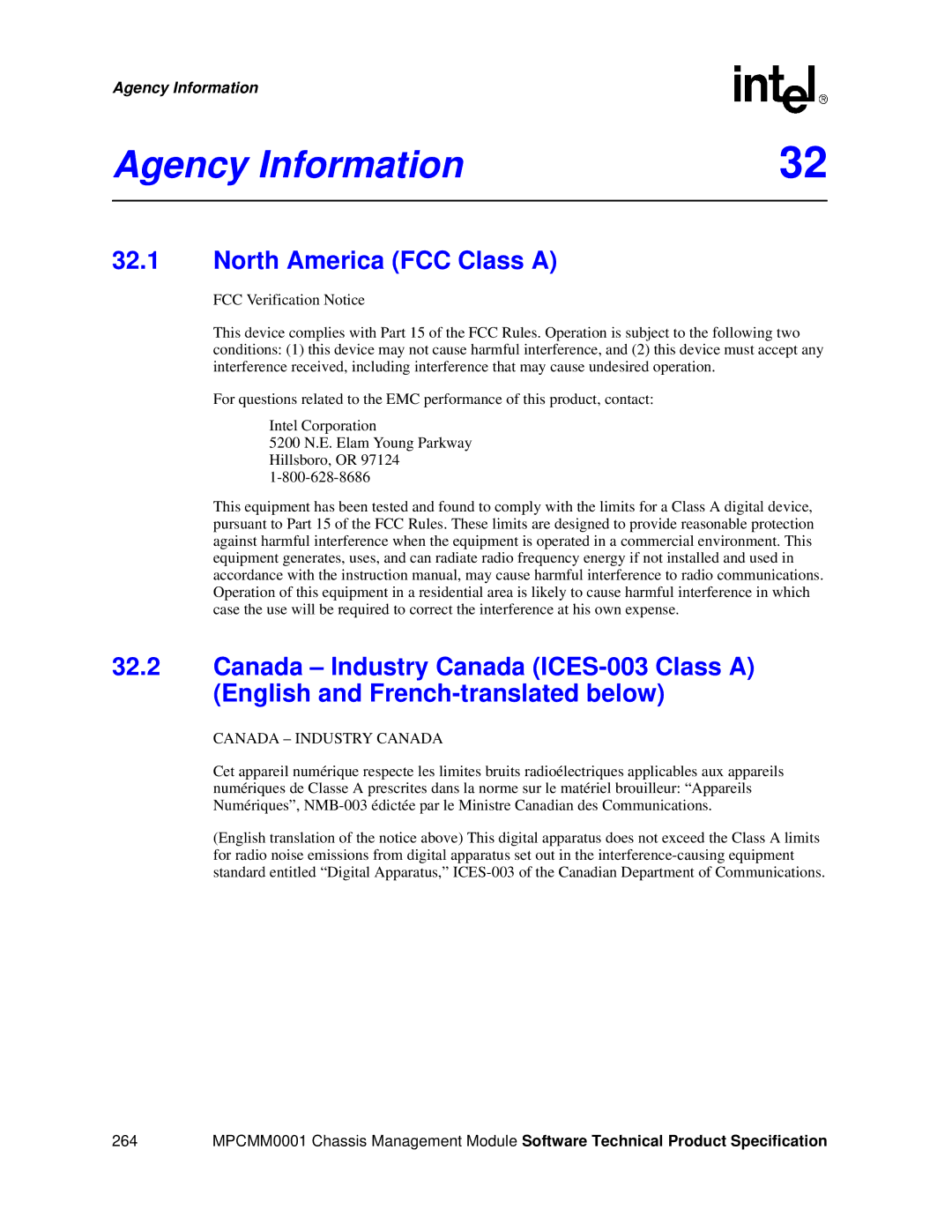 Intel MPCMM0001 manual Agency Information, North America FCC Class a 