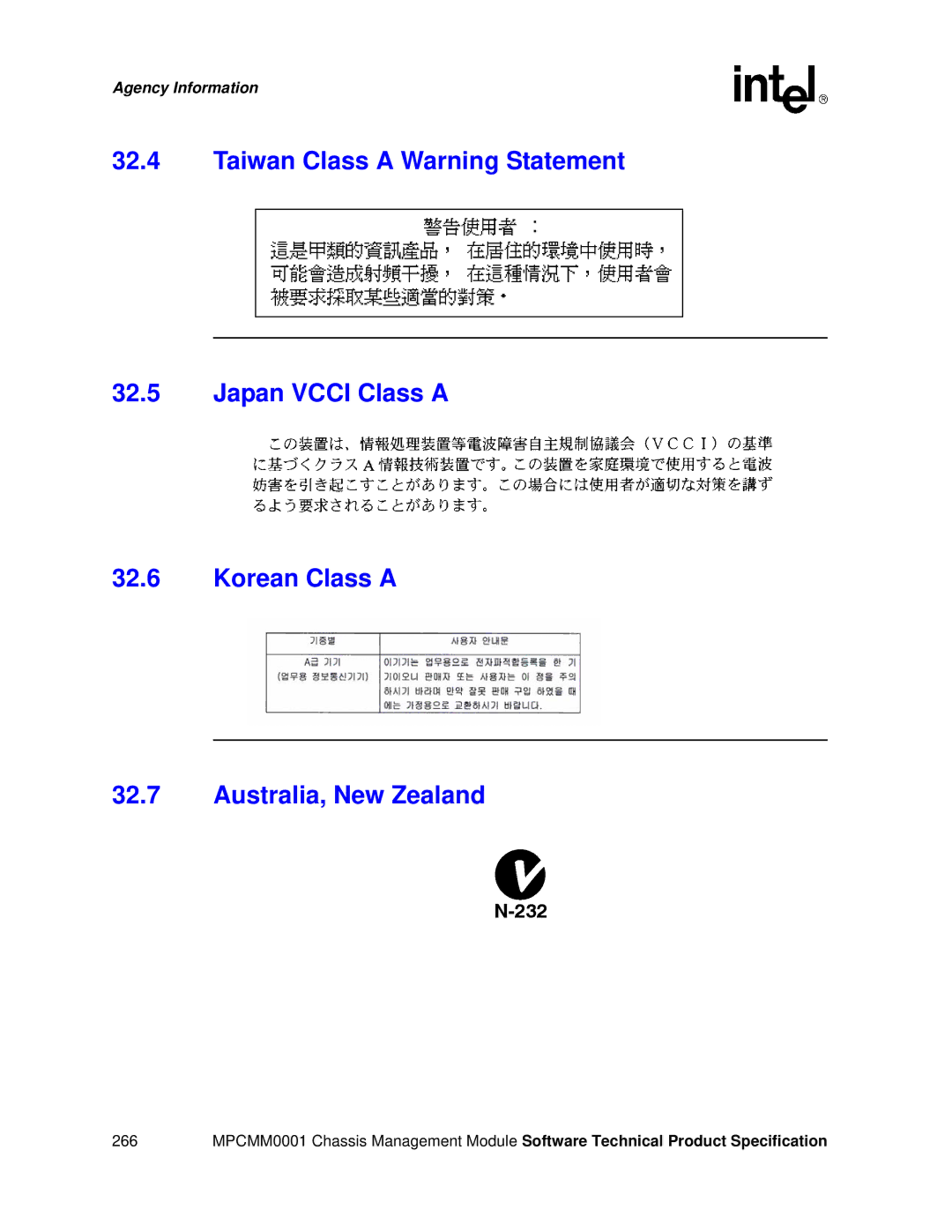 Intel MPCMM0001 manual Agency Information 