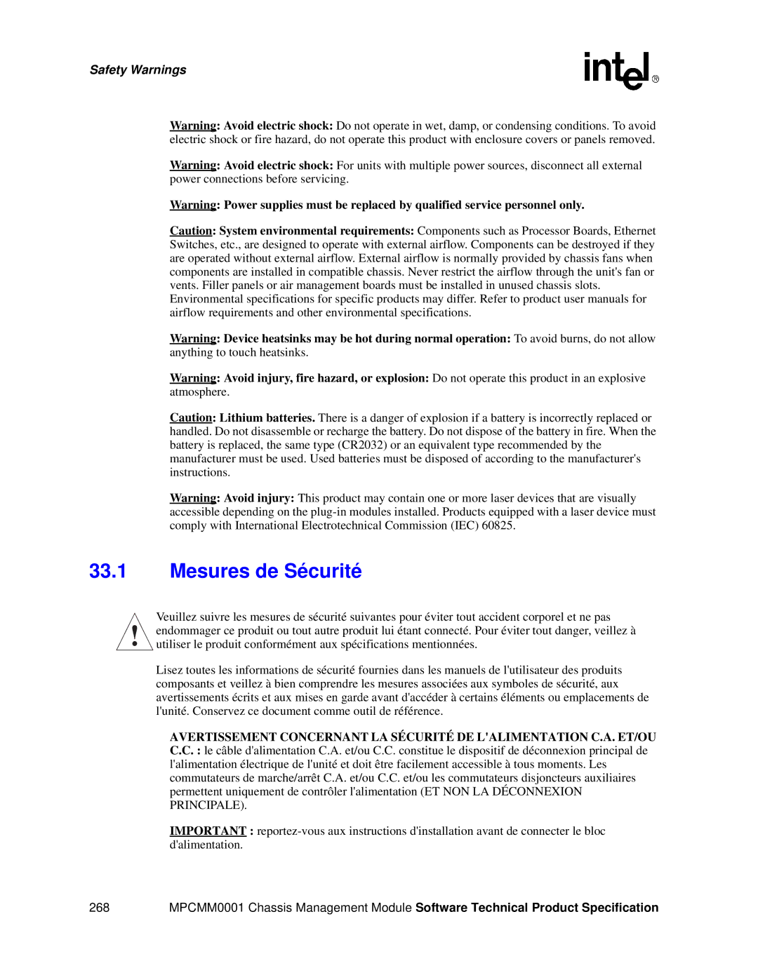 Intel MPCMM0001 manual Mesures de Sécurité 