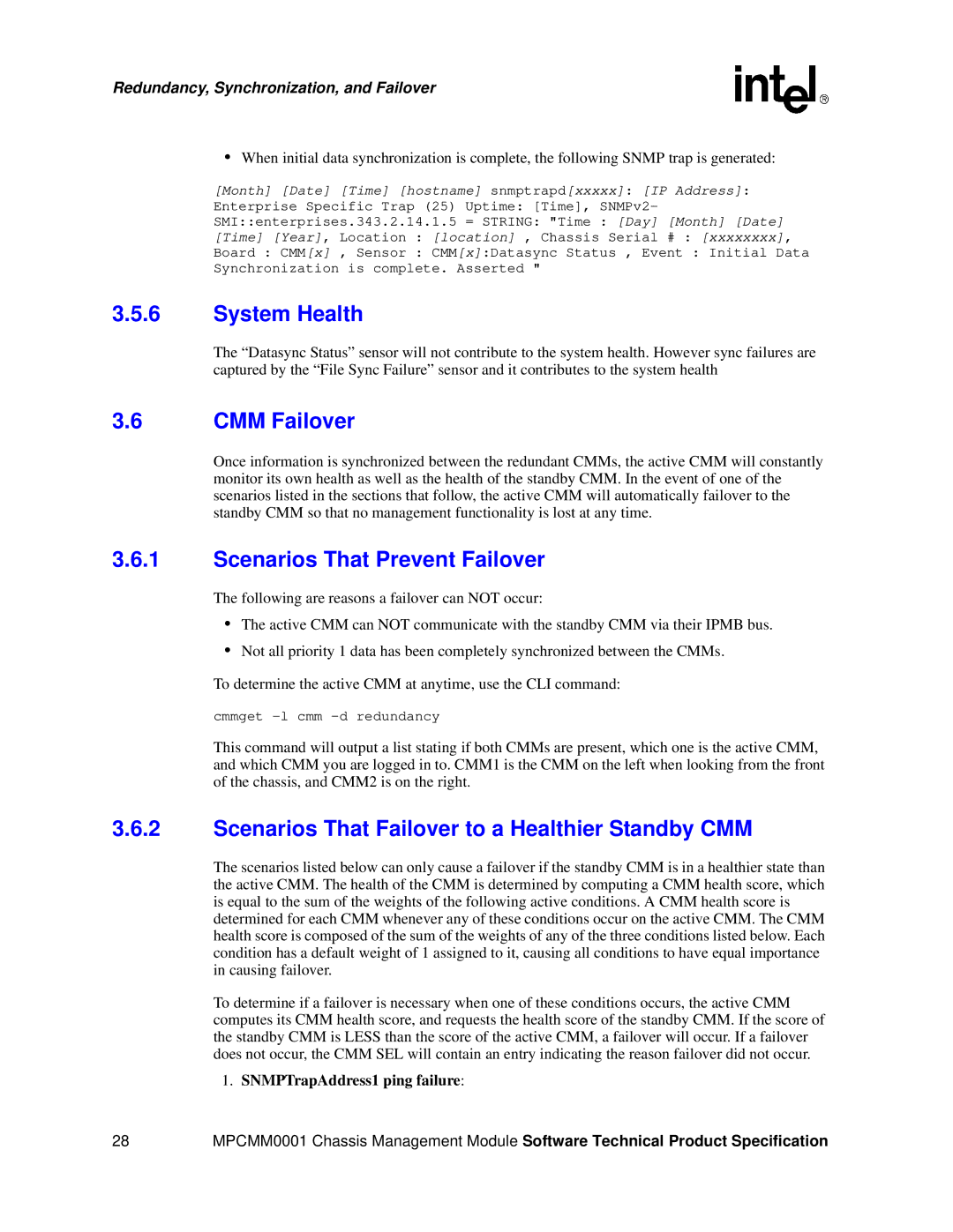 Intel MPCMM0001 manual System Health, CMM Failover, Scenarios That Prevent Failover 