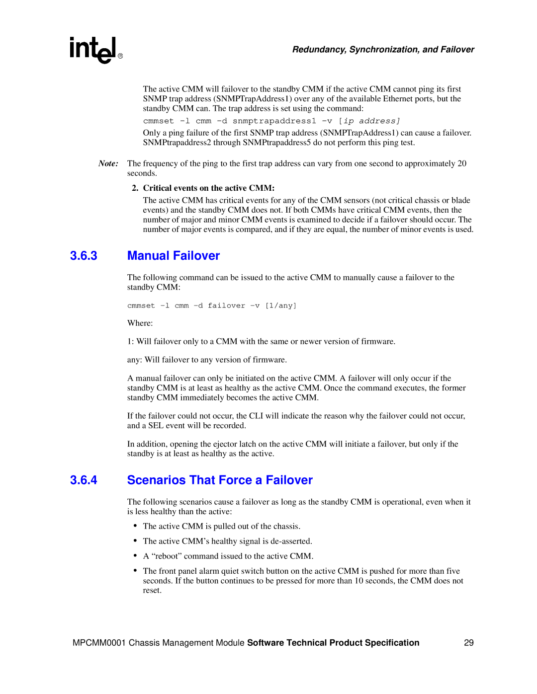 Intel MPCMM0001 manual Manual Failover, Scenarios That Force a Failover 