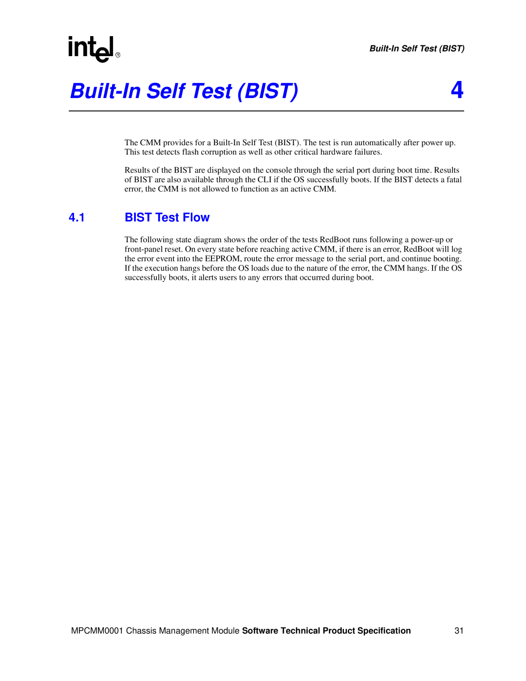 Intel MPCMM0001 manual Built-In Self Test Bist, Bist Test Flow 