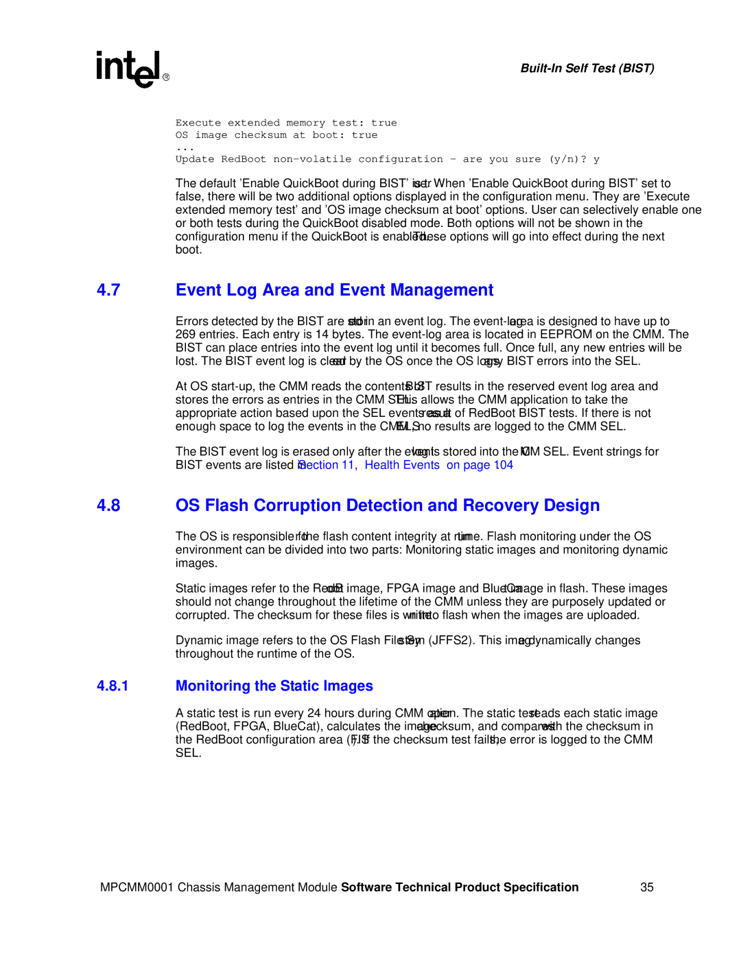 Intel MPCMM0001 manual Event Log Area and Event Management, OS Flash Corruption Detection and Recovery Design 