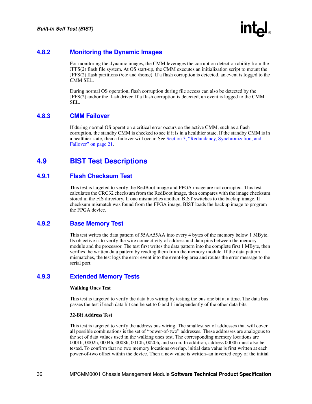 Intel MPCMM0001 manual Bist Test Descriptions 