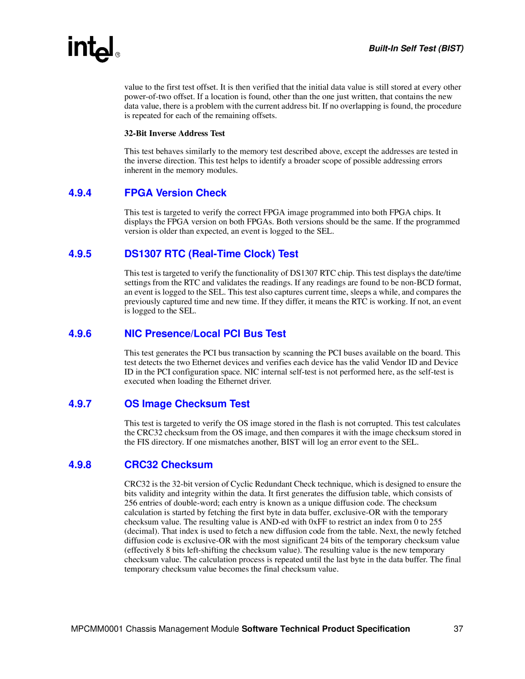 Intel MPCMM0001 Fpga Version Check, 5 DS1307 RTC Real-Time Clock Test, NIC Presence/Local PCI Bus Test, 8 CRC32 Checksum 