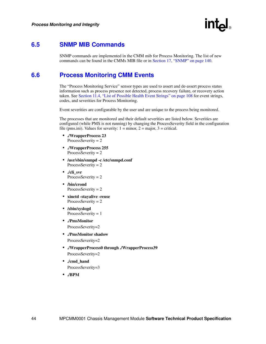 Intel MPCMM0001 manual Snmp MIB Commands, Process Monitoring CMM Events 