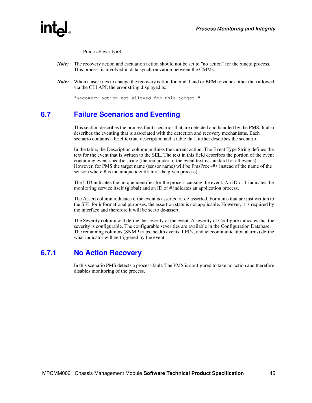 Intel MPCMM0001 manual Failure Scenarios and Eventing, No Action Recovery 