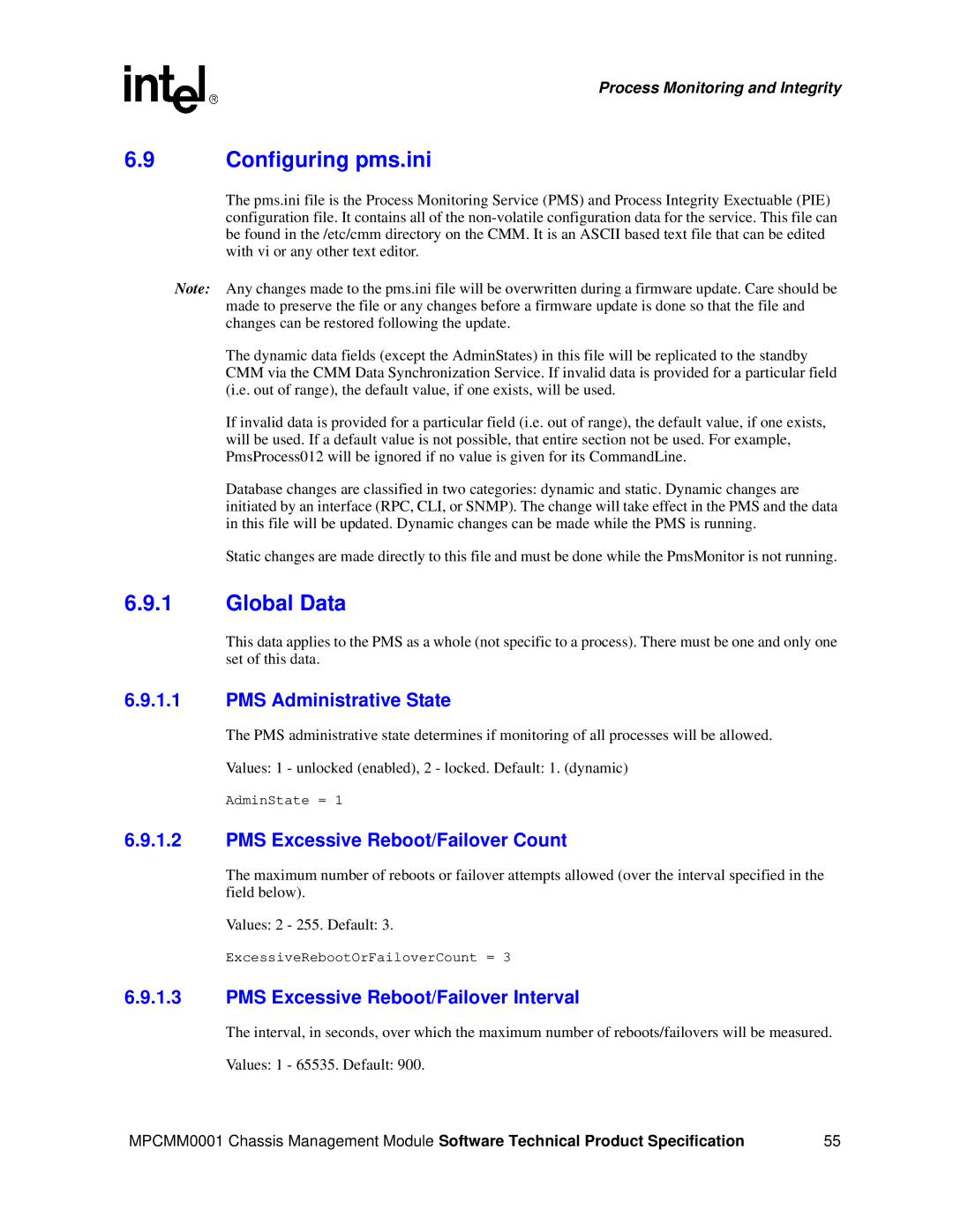 Intel MPCMM0001 manual Configuring pms.ini, Global Data, PMS Administrative State, PMS Excessive Reboot/Failover Count 