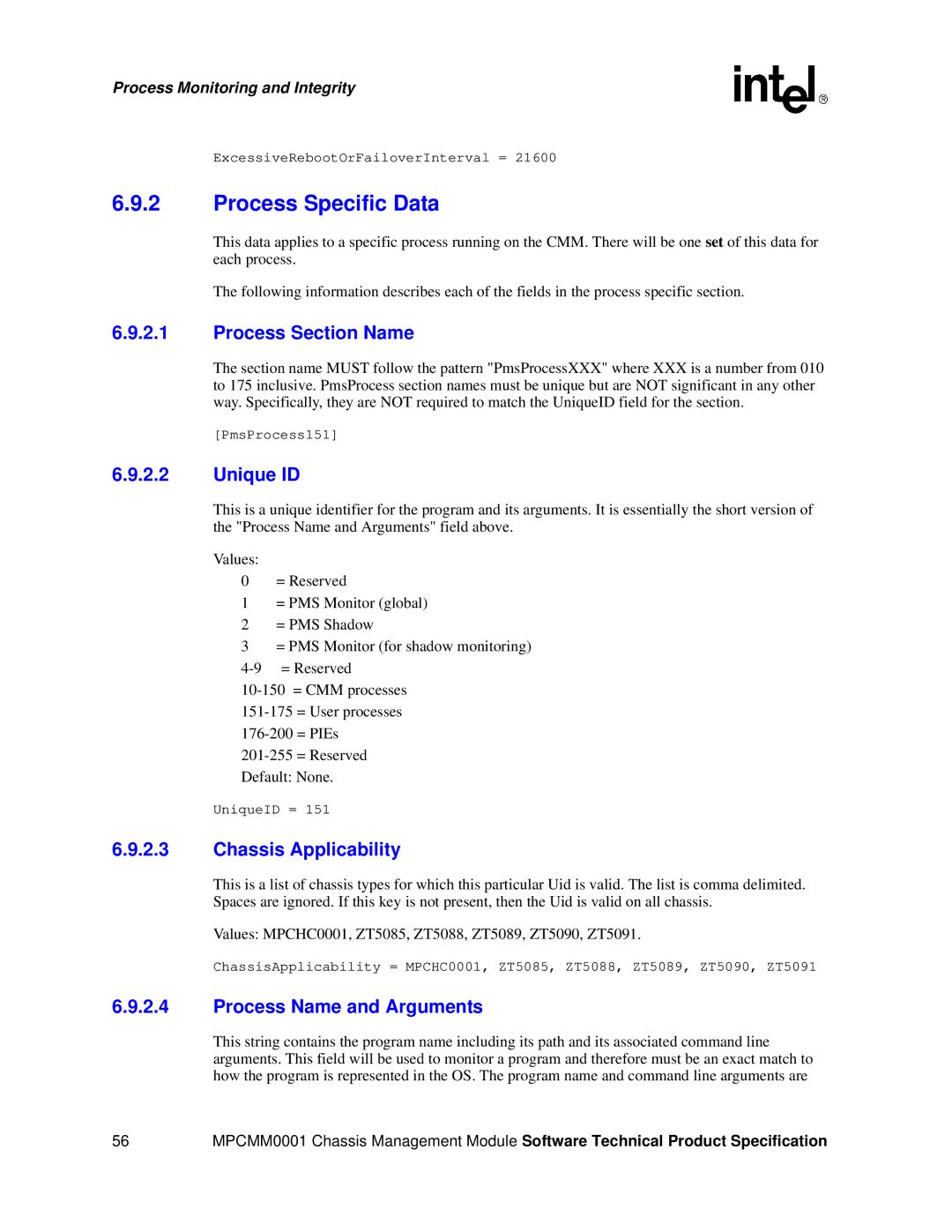 Intel MPCMM0001 Process Specific Data, Process Section Name, Unique ID, Chassis Applicability, Process Name and Arguments 