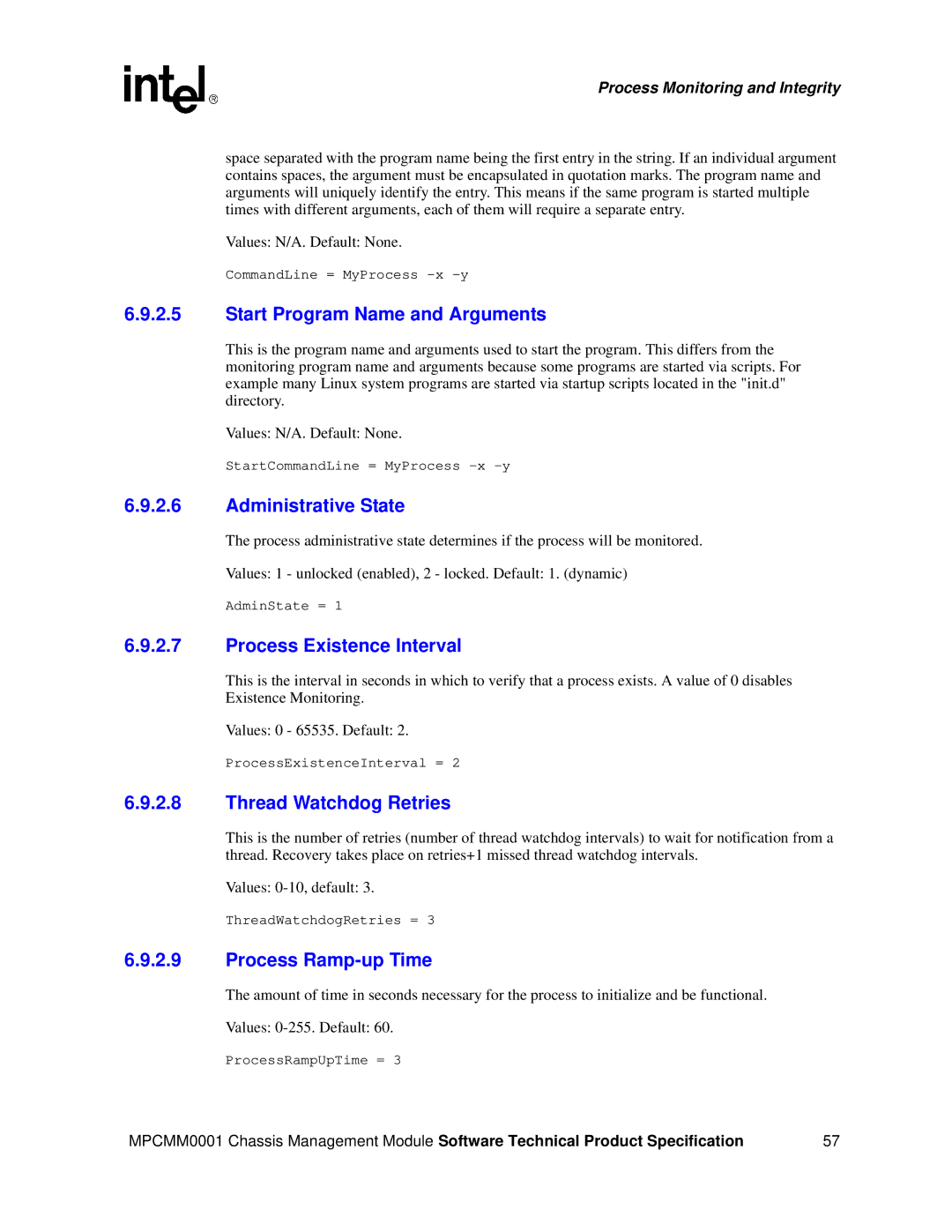 Intel MPCMM0001 Start Program Name and Arguments, Administrative State, Process Existence Interval, Process Ramp-up Time 