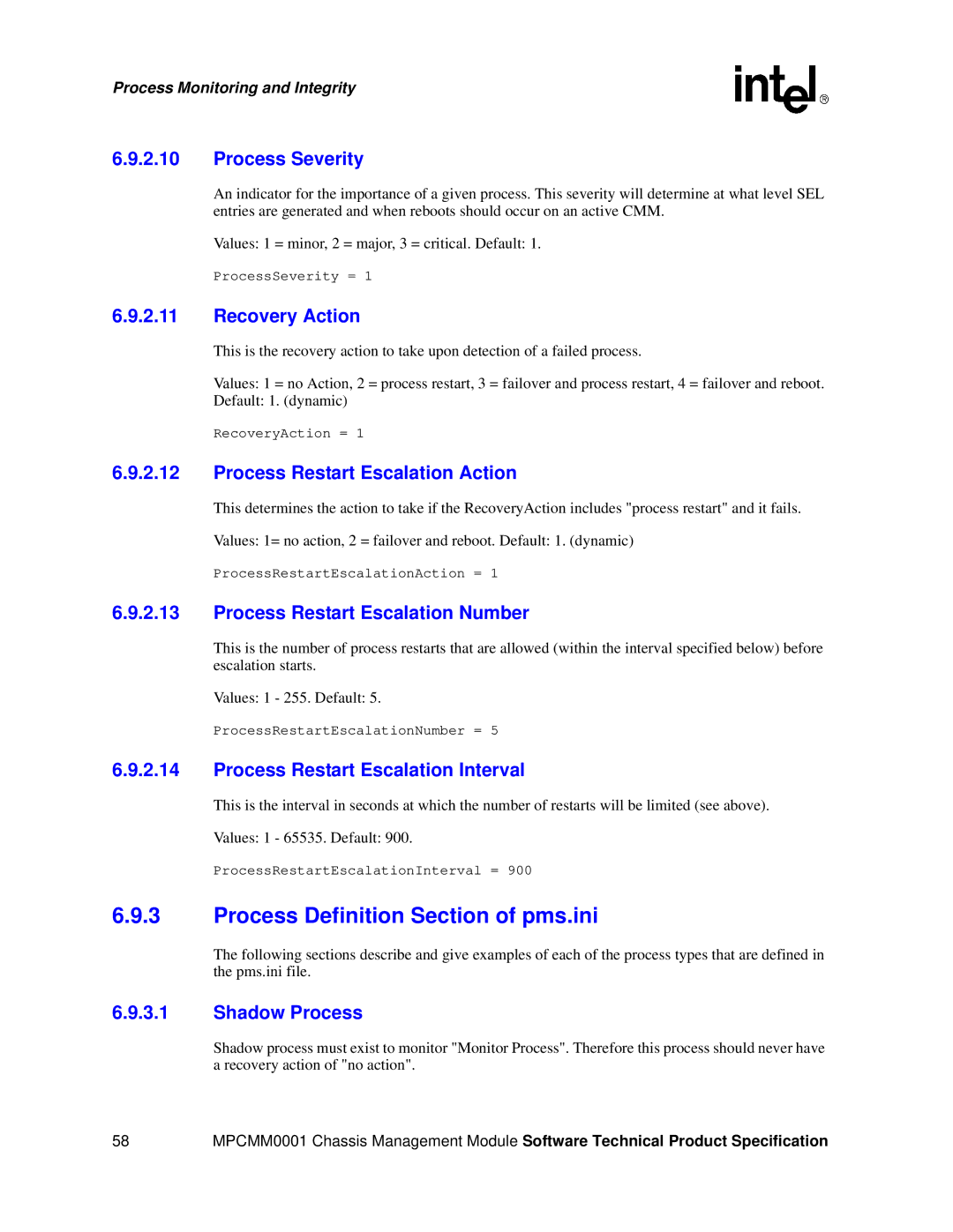 Intel MPCMM0001 manual Process Definition Section of pms.ini 