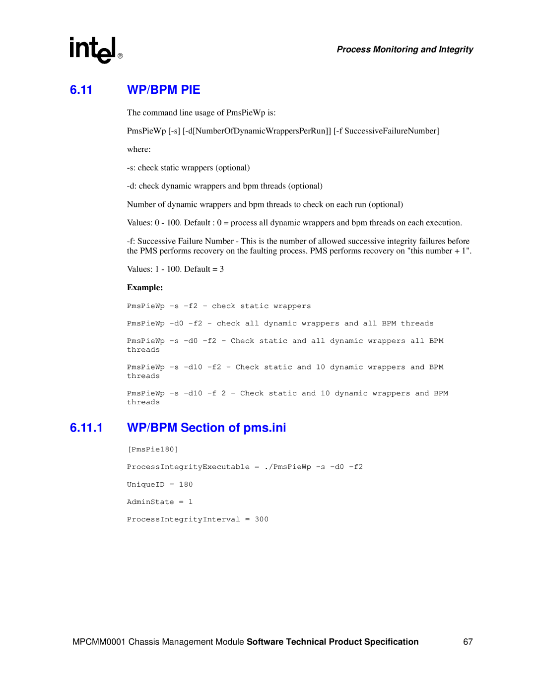 Intel MPCMM0001 manual 11 WP/BPM PIE, 11.1 WP/BPM Section of pms.ini 