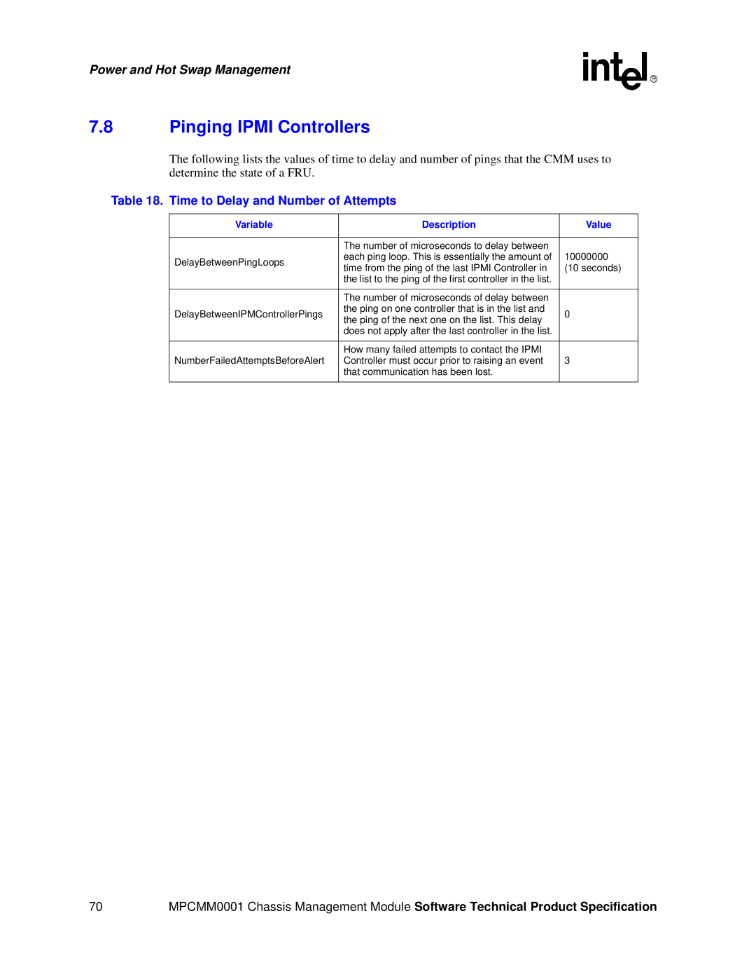 Intel MPCMM0001 manual Pinging Ipmi Controllers, Time to Delay and Number of Attempts, Variable Description Value 