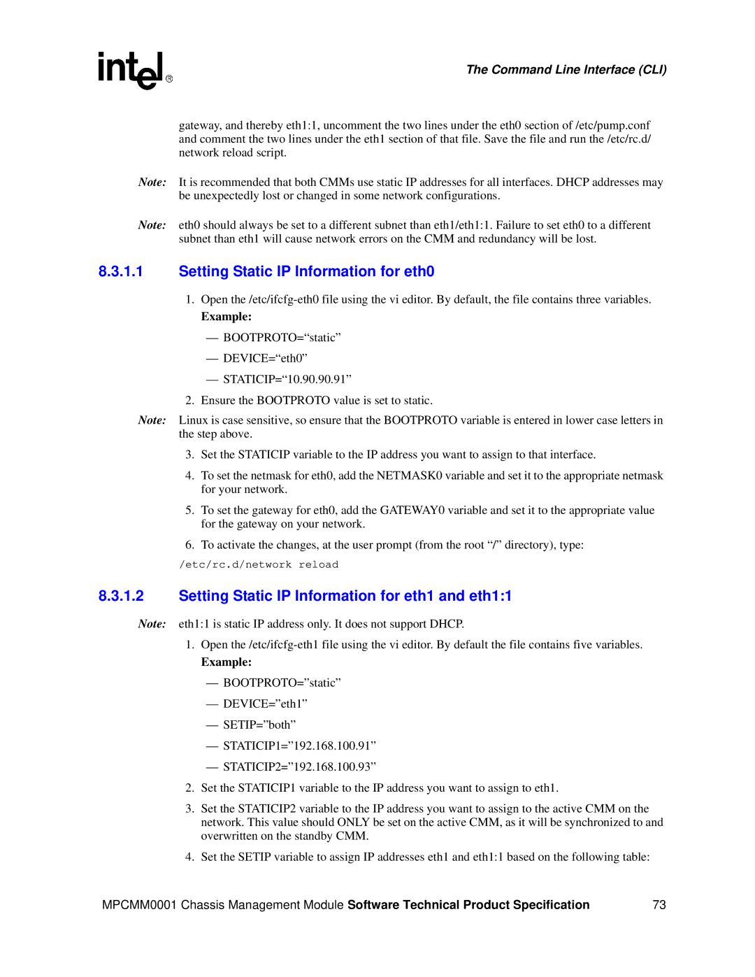 Intel MPCMM0001 manual Setting Static IP Information for eth0, Setting Static IP Information for eth1 and eth11 