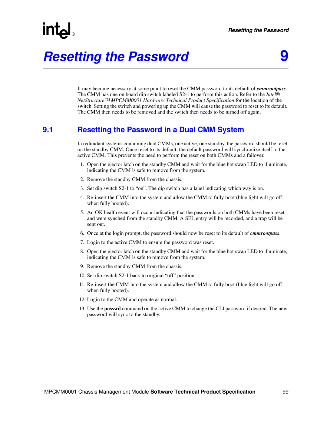 Intel MPCMM0001 manual Resetting the Password in a Dual CMM System 