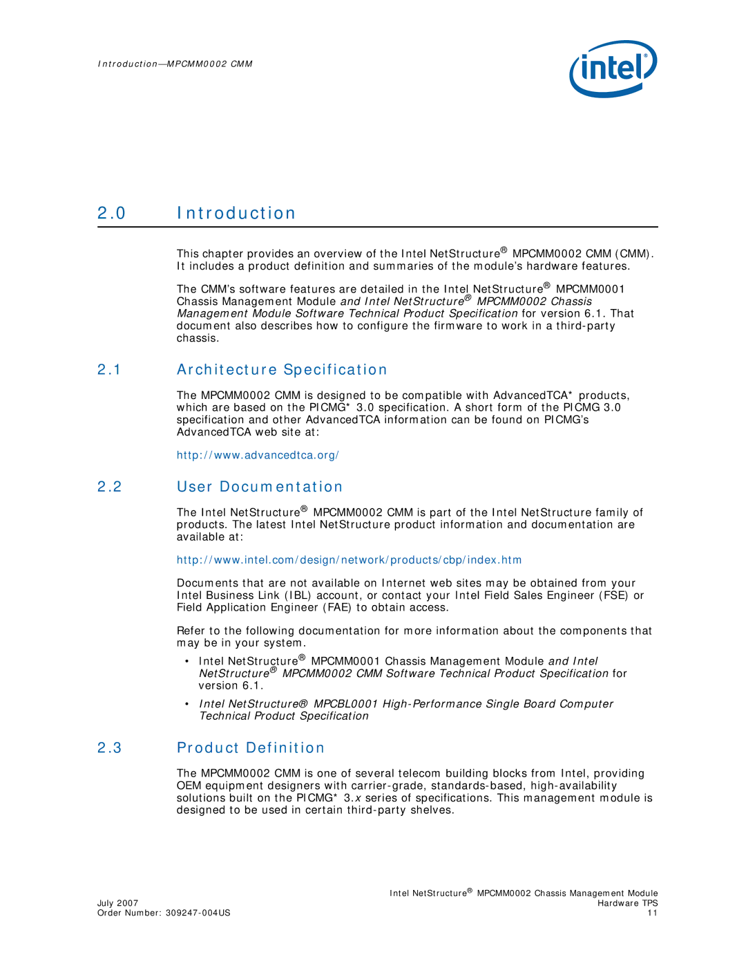 Intel MPCMM0002 manual Introduction, Architecture Specification, User Documentation, Product Definition 