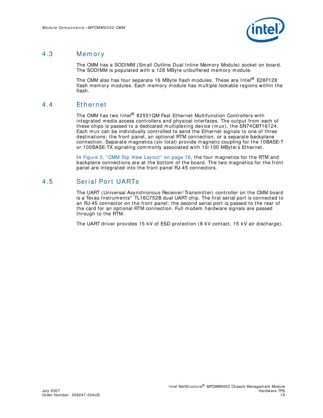 Intel MPCMM0002 manual Memory, Ethernet, Serial Port UARTs 