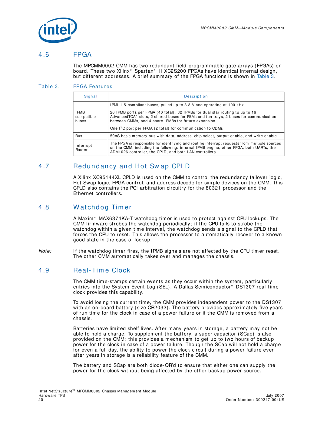 Intel MPCMM0002 manual Redundancy and Hot Swap Cpld, Watchdog Timer, Real-Time Clock, Fpga Features 