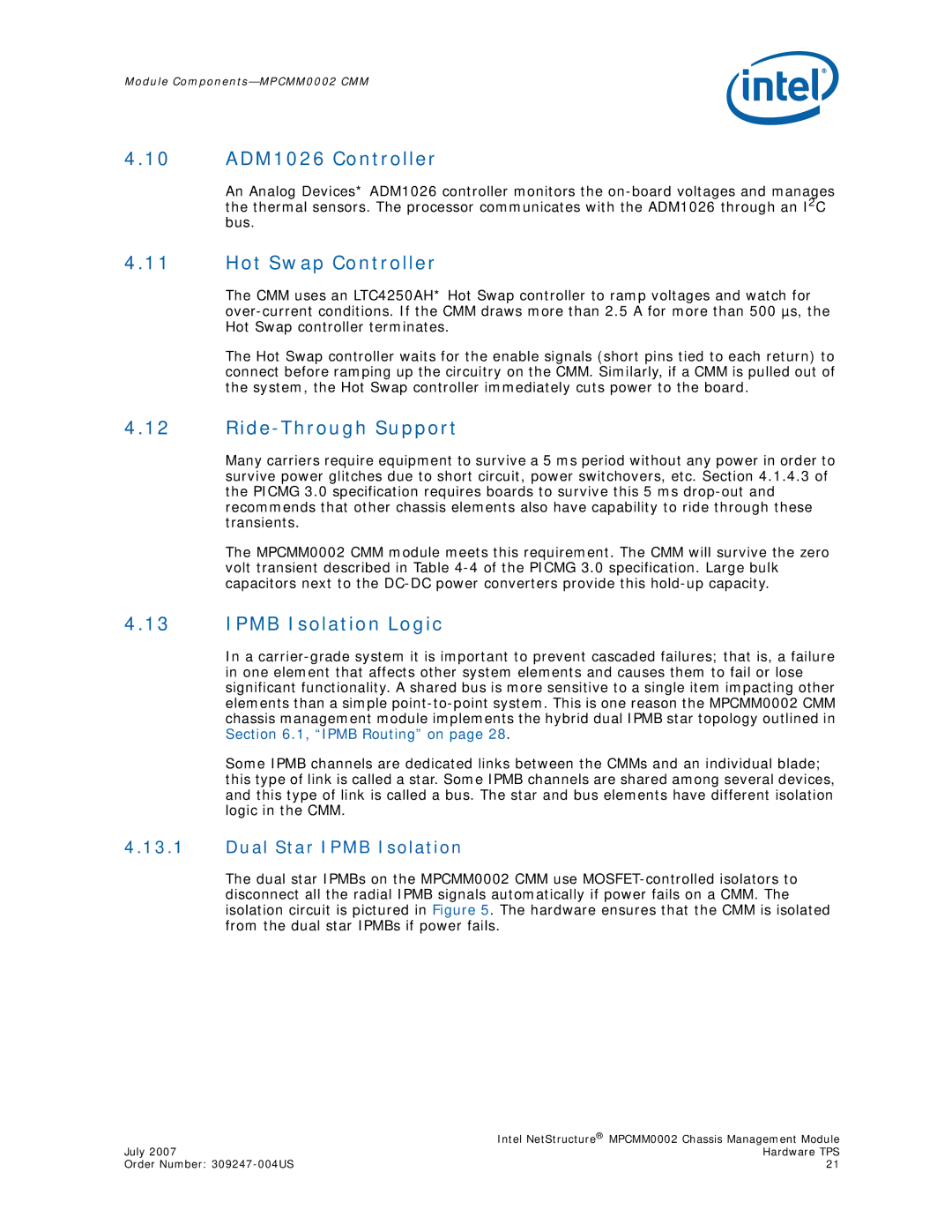 Intel MPCMM0002 manual 10 ADM1026 Controller, Hot Swap Controller, Ride-Through Support, Ipmb Isolation Logic 