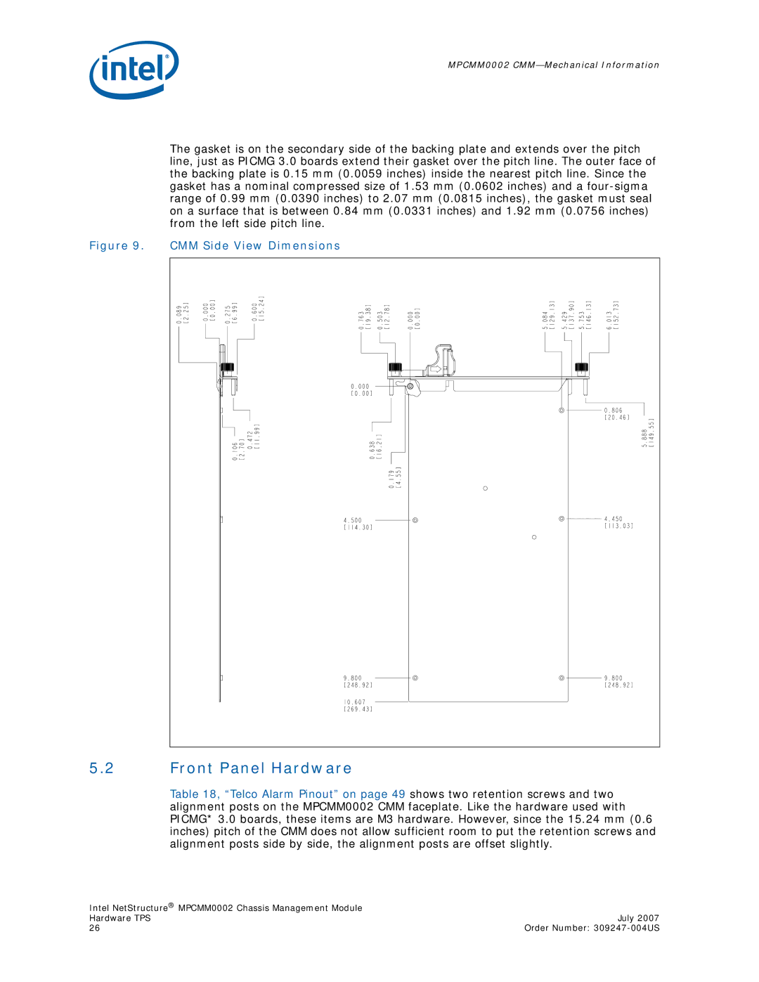 Intel MPCMM0002 manual Front Panel Hardware, CMM Side View Dimensions 