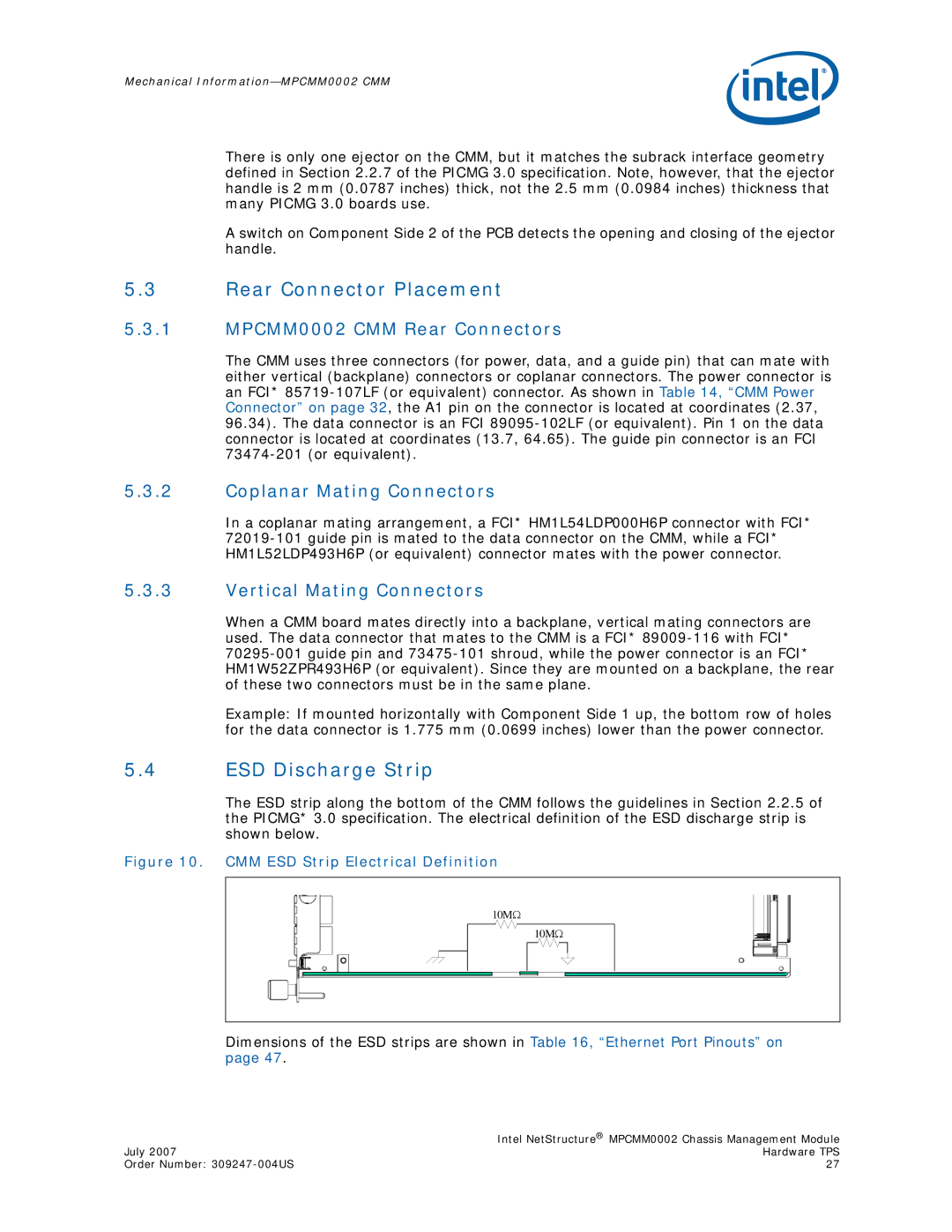 Intel manual Rear Connector Placement, ESD Discharge Strip, MPCMM0002 CMM Rear Connectors, Coplanar Mating Connectors 