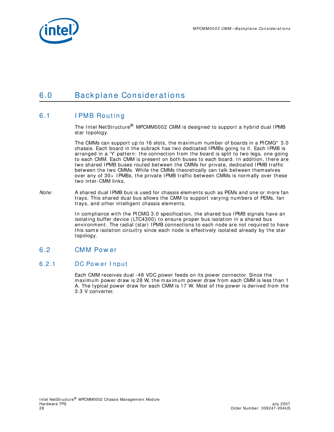 Intel MPCMM0002 manual Backplane Considerations, Ipmb Routing, CMM Power, DC Power Input 