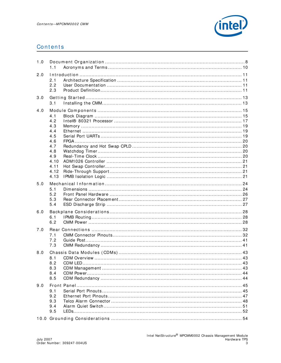 Intel MPCMM0002 manual Contents 