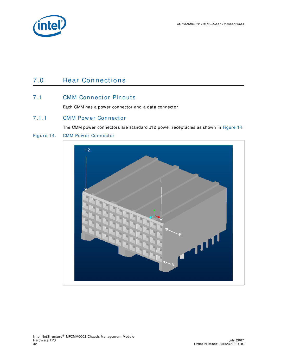 Intel MPCMM0002 manual Rear Connections, CMM Connector Pinouts, CMM Power Connector 