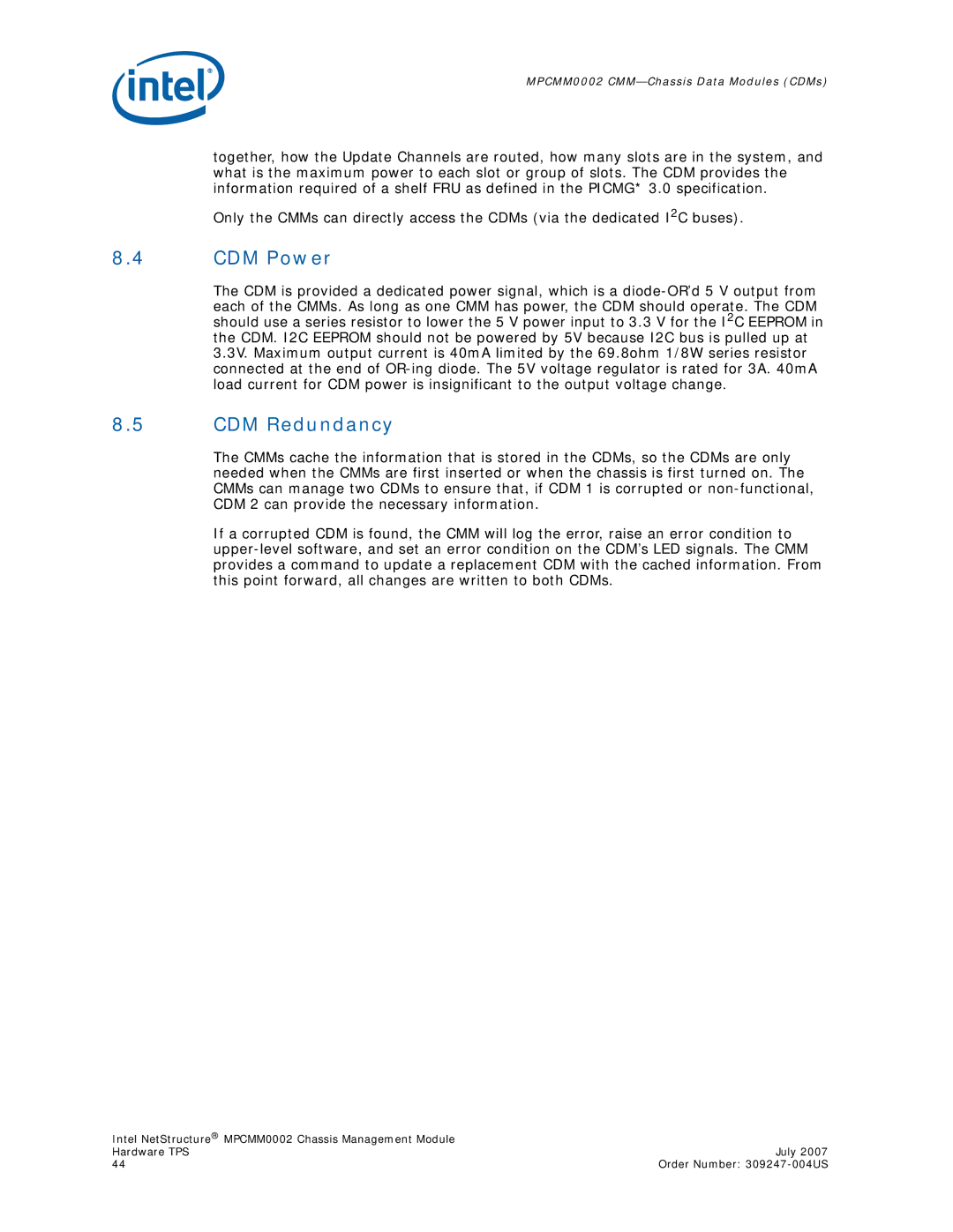 Intel MPCMM0002 manual CDM Power, CDM Redundancy 