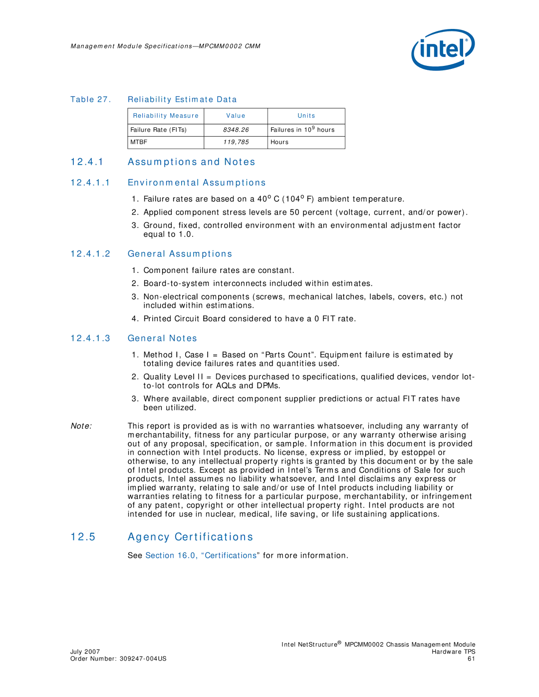 Intel MPCMM0002 Agency Certifications, Assumptions and Notes, Reliability Estimate Data, Reliability Measure Value Units 