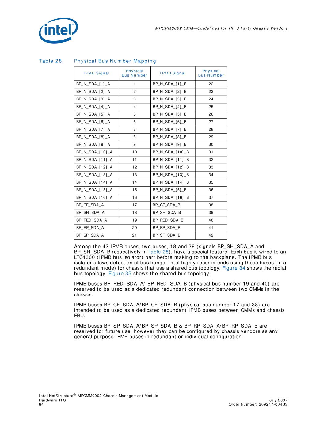 Intel MPCMM0002 manual Physical Bus Number Mapping, Ipmb Signal Physical Bus Number 