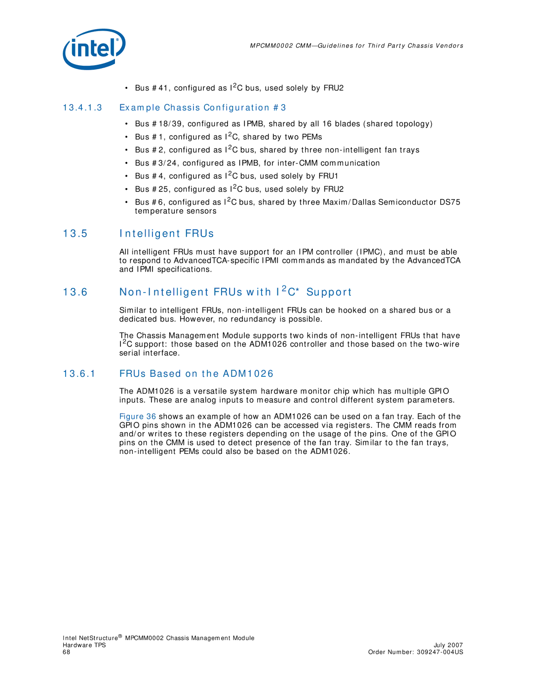 Intel MPCMM0002 manual Non-Intelligent FRUs with I2C* Support, FRUs Based on the ADM1026 