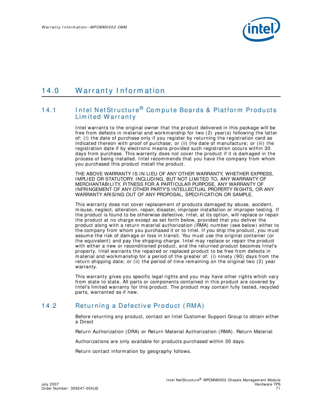 Intel MPCMM0002 manual Warranty Information, Returning a Defective Product RMA 