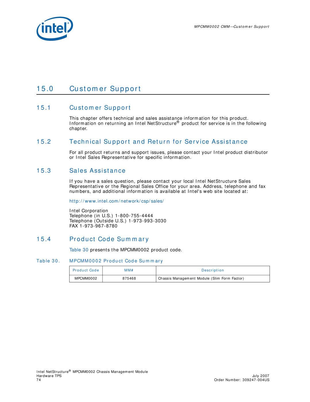 Intel MPCMM0002 manual Customer Support, Technical Support and Return for Service Assistance, Sales Assistance 