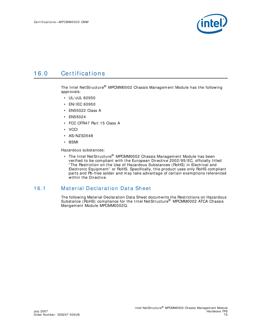 Intel MPCMM0002 manual Certifications, Material Declaration Data Sheet 