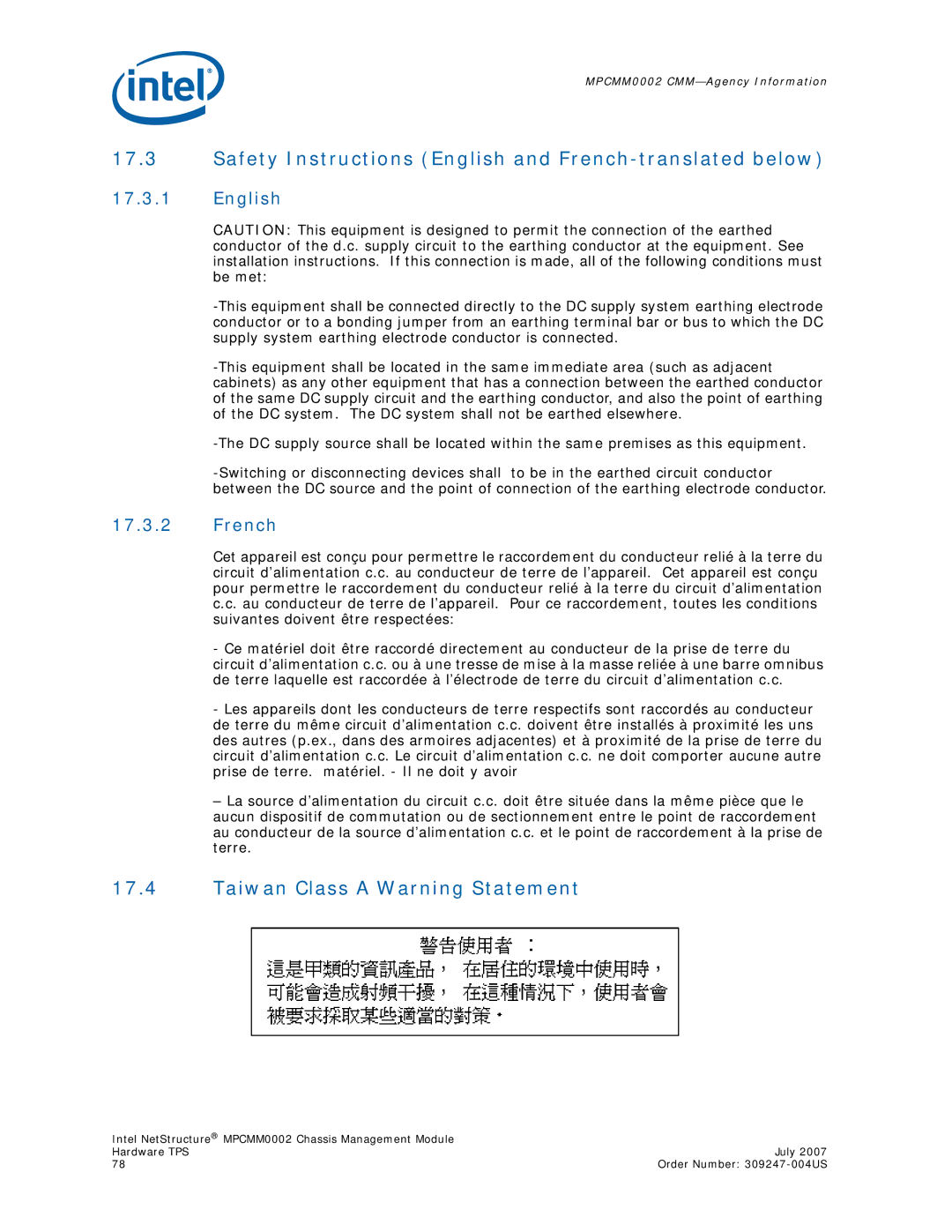 Intel MPCMM0002 manual Safety Instructions English and French-translated below, Taiwan Class a Warning Statement 