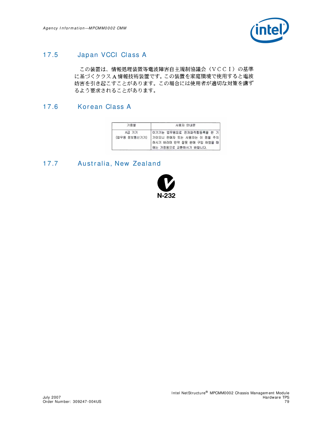 Intel MPCMM0002 manual Japan Vcci Class a Korean Class a Australia, New Zealand 