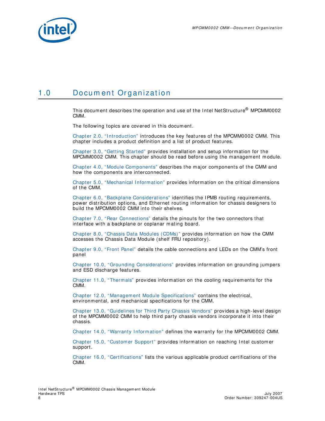 Intel MPCMM0002 manual Document Organization 