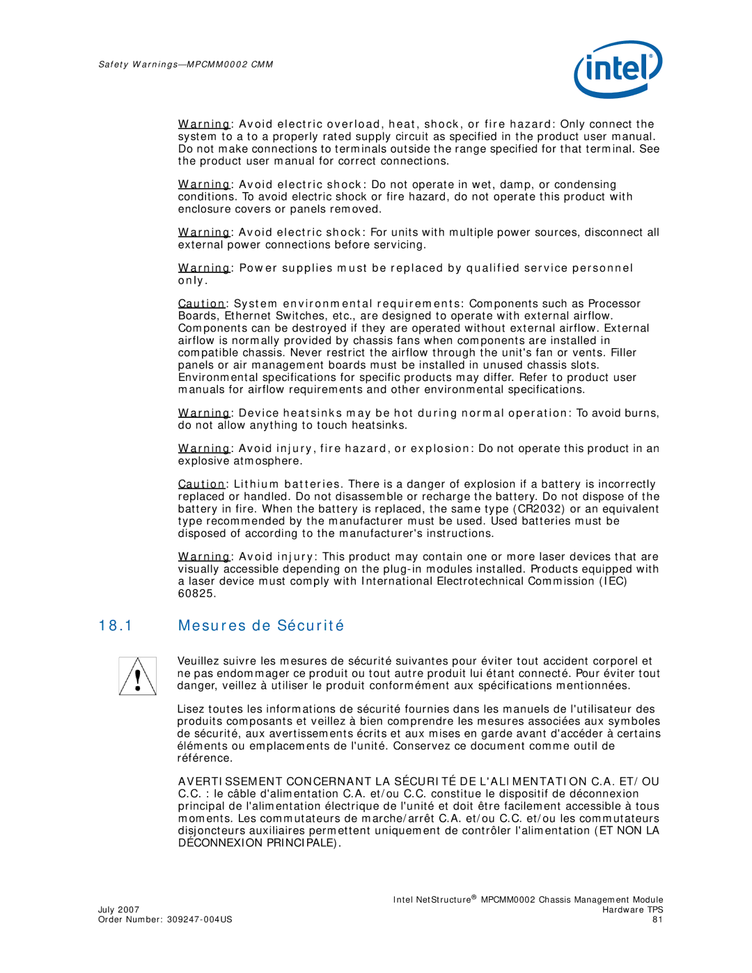 Intel MPCMM0002 manual Mesures de Sécurité 