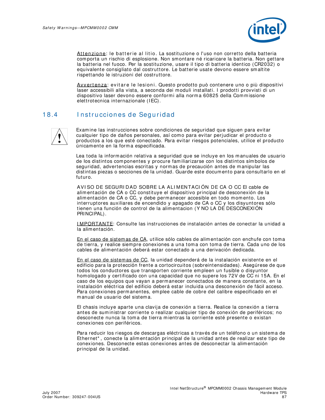 Intel MPCMM0002 manual Instrucciones de Seguridad 