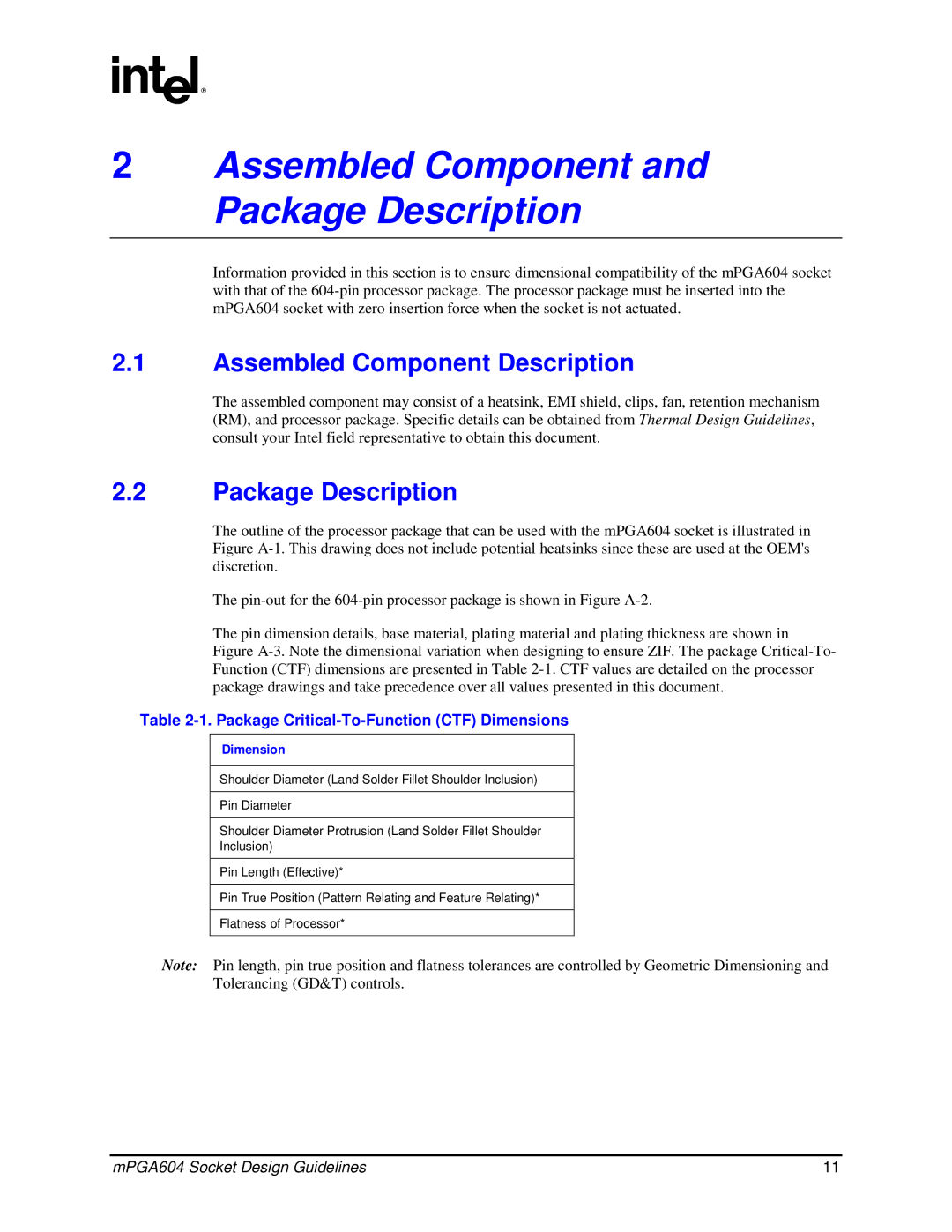 Intel mPGA604 manual Assembled Component and Package Description, Assembled Component Description 