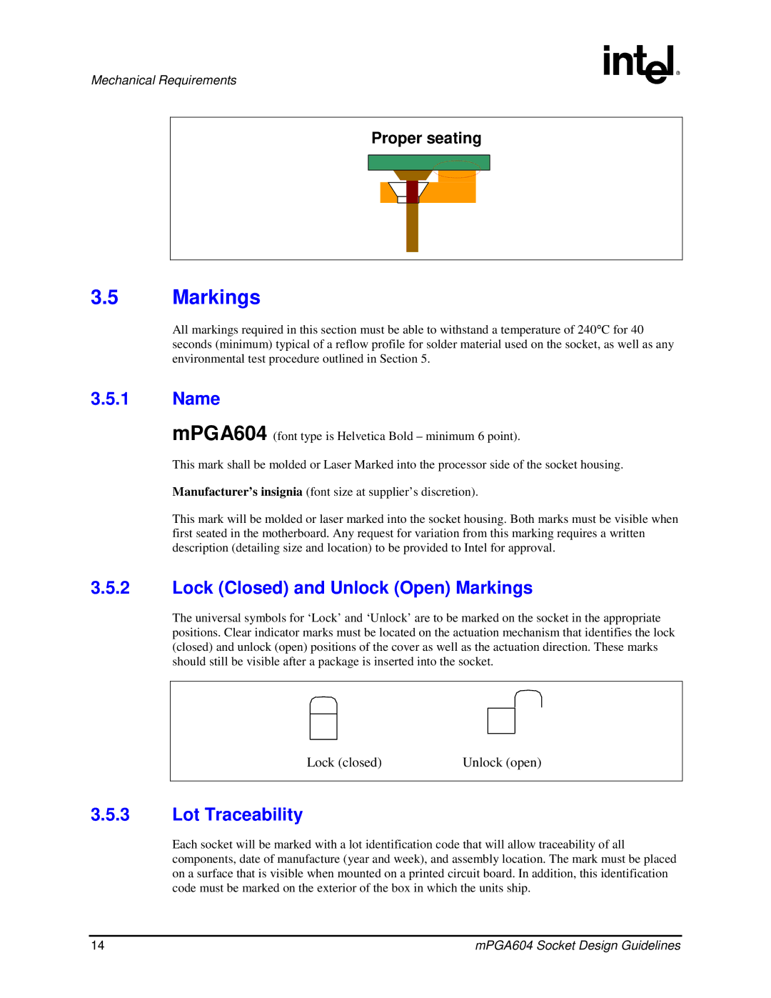 Intel mPGA604 manual Name, Lock Closed and Unlock Open Markings, Lot Traceability 