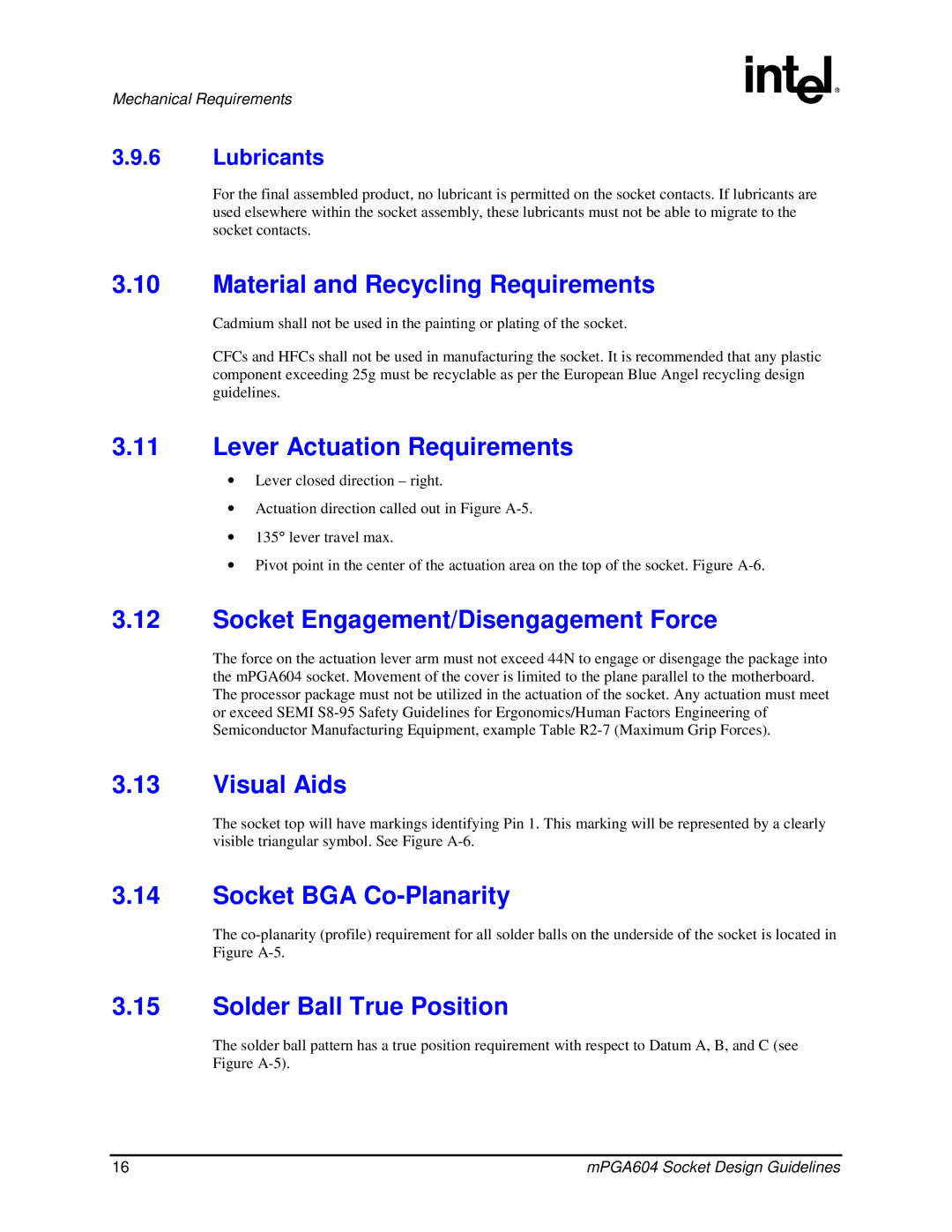 Intel mPGA604 Material and Recycling Requirements, Lever Actuation Requirements, Socket Engagement/Disengagement Force 