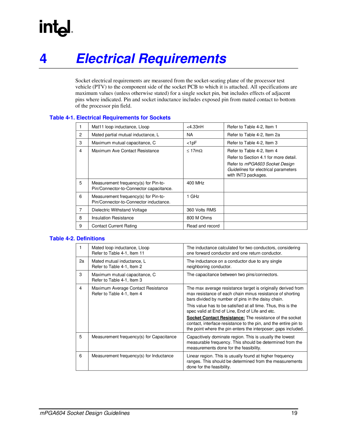 Intel mPGA604 manual Electrical Requirements for Sockets 