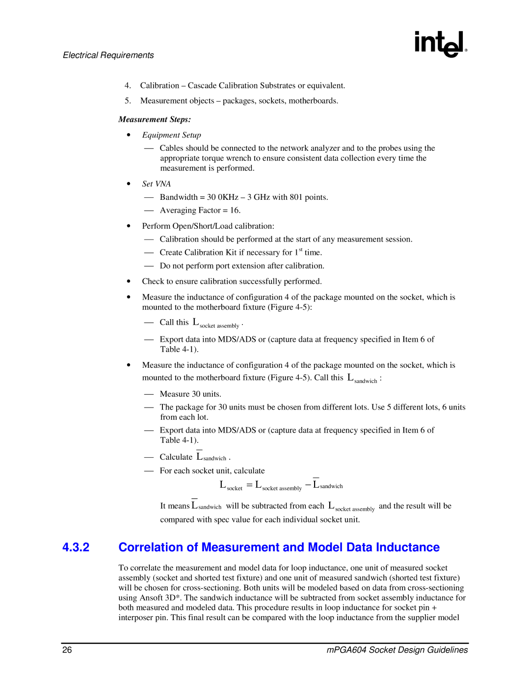 Intel mPGA604 manual Correlation of Measurement and Model Data Inductance, Measurement Steps 