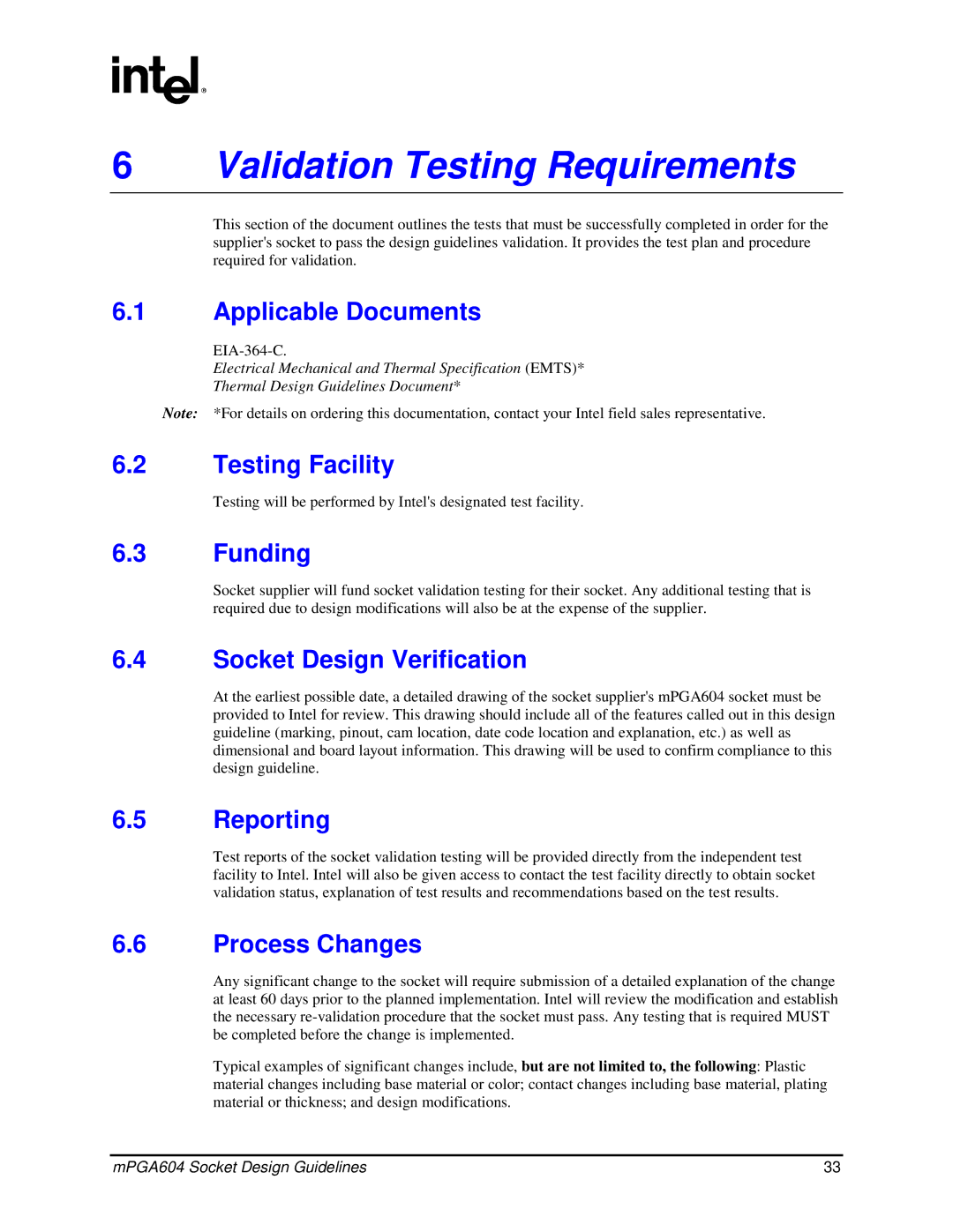 Intel mPGA604 manual Validation Testing Requirements 