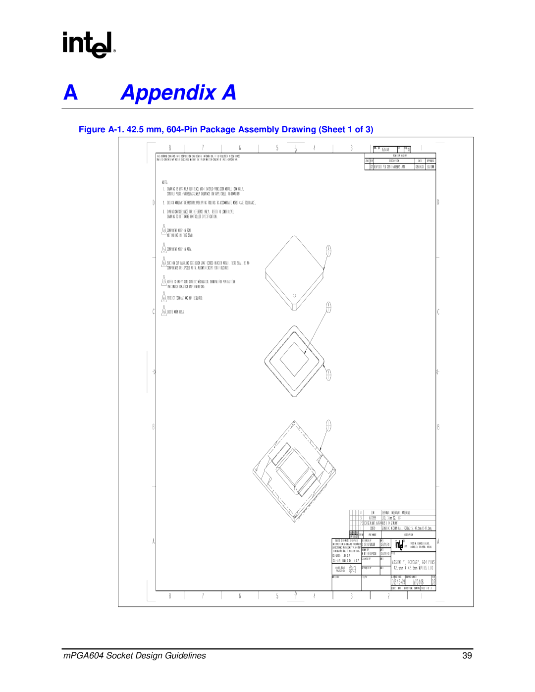 Intel mPGA604 manual Appendix a, Figure A-1 .5 mm, 604-Pin Package Assembly Drawing Sheet 1 