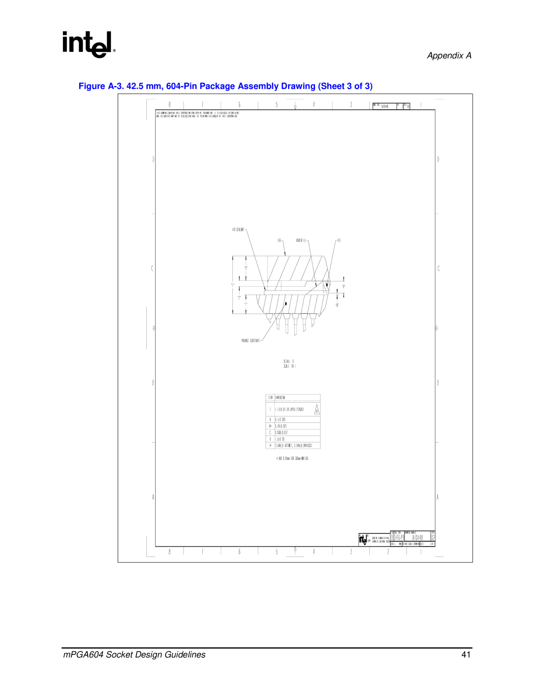 Intel mPGA604 manual Figure A-3 .5 mm, 604-Pin Package Assembly Drawing Sheet 3 