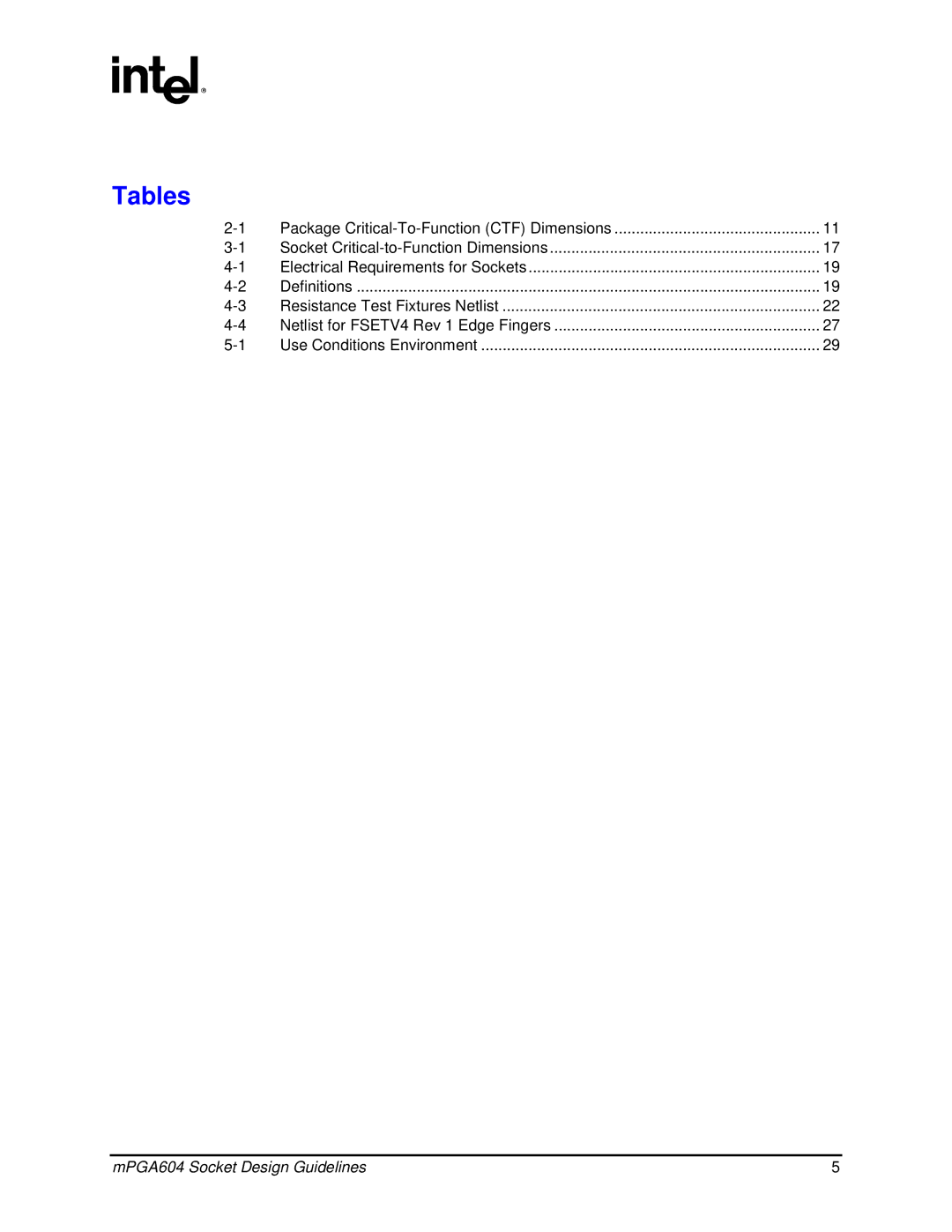 Intel mPGA604 manual Tables 